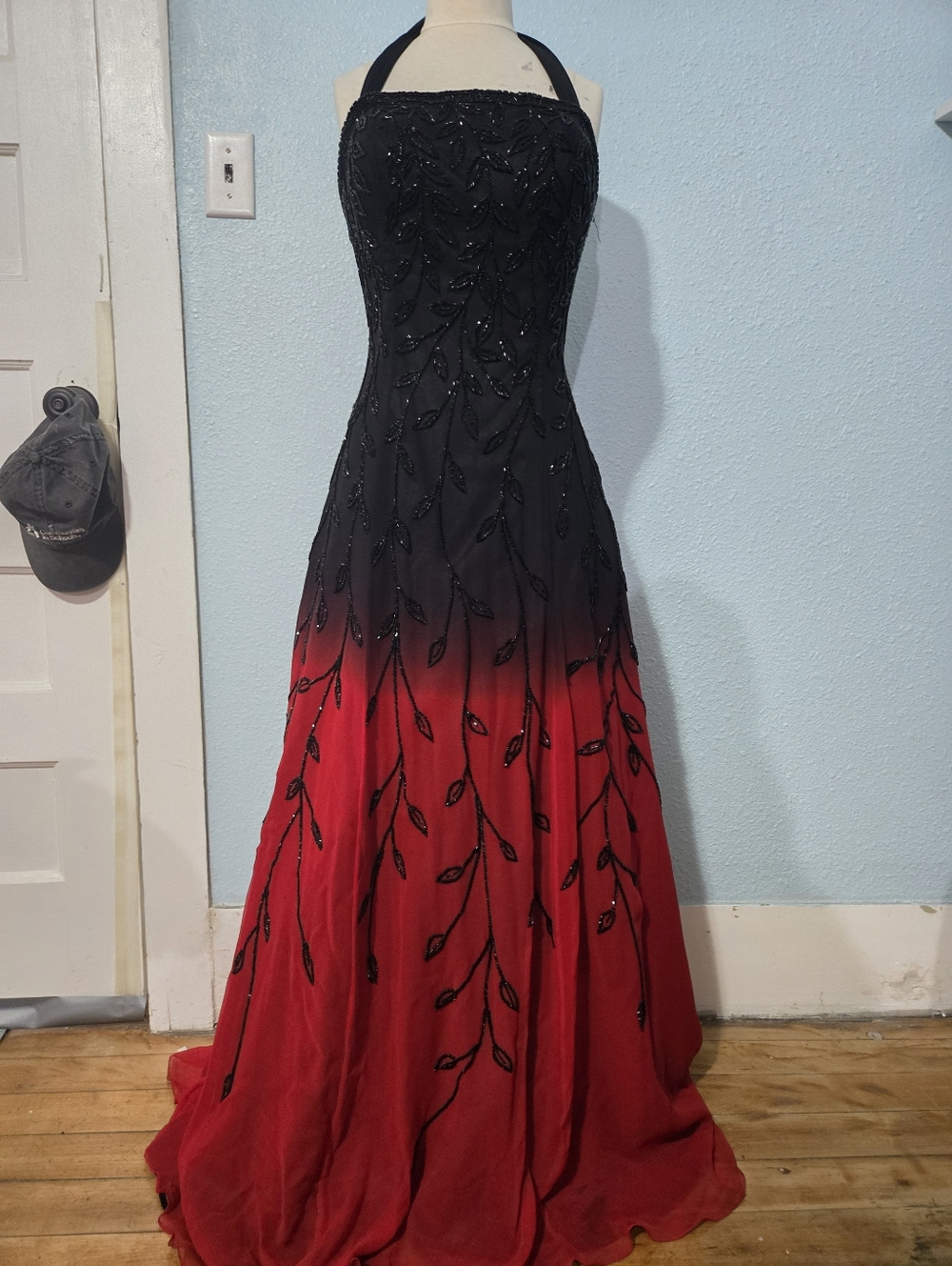 Elegant Black to Red Ombre Beaded Halter Evening Gown